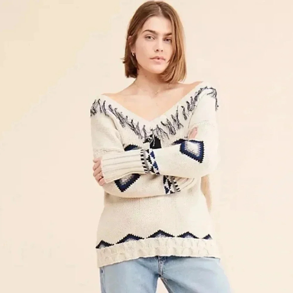 Anthropologie Chaser Eagle Pullover Fringe Sweater Native Aztec Western Size XS